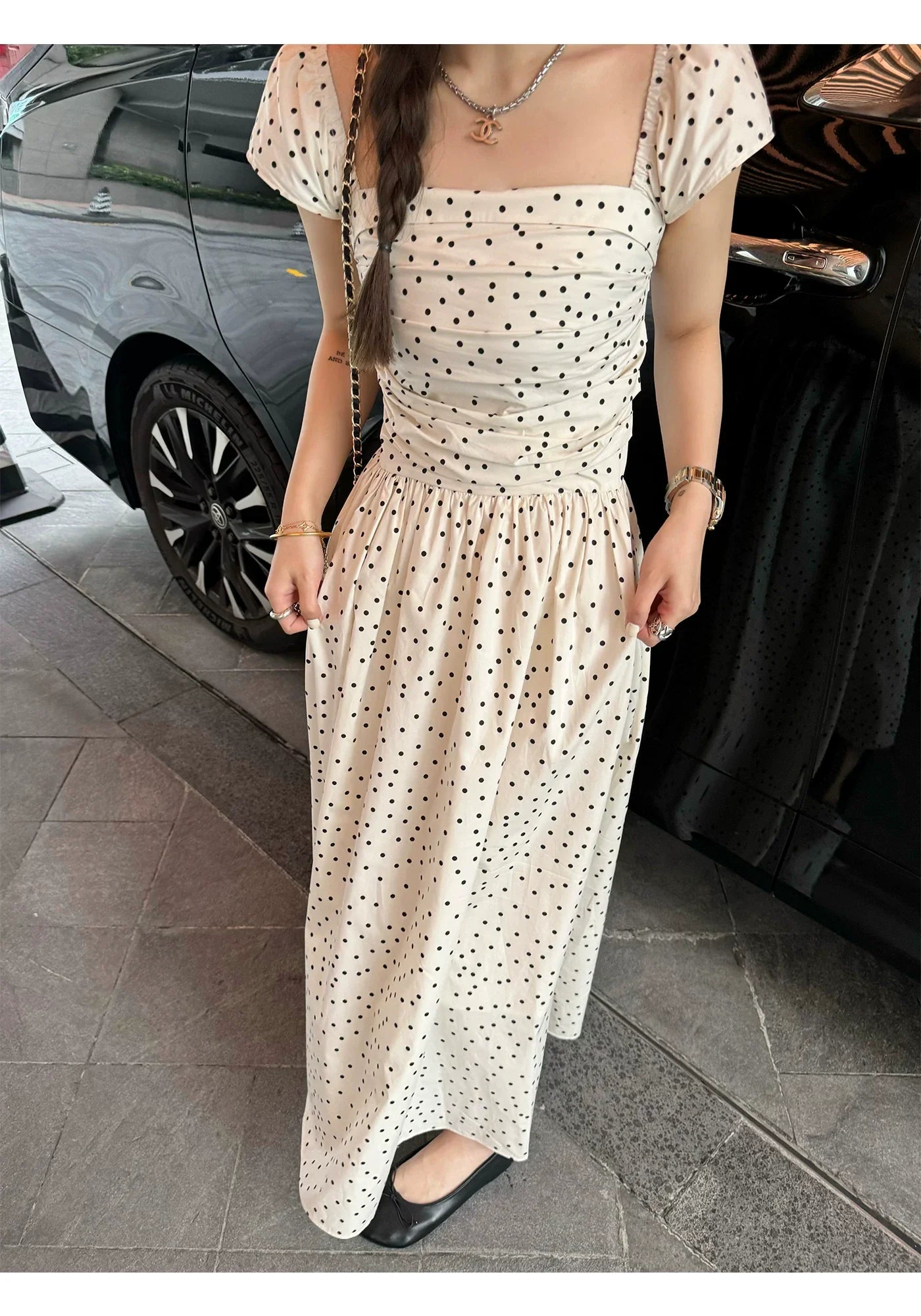 Polka-Dot Flutter-Sleeve Maxi Dress