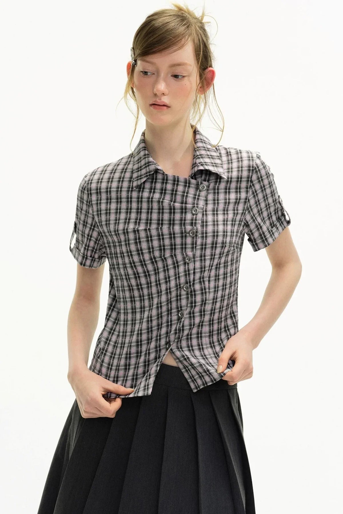Diagonal Placket Plaid Blouse