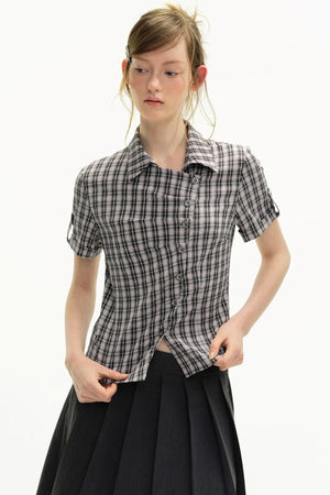 Diagonal Placket Plaid Blouse