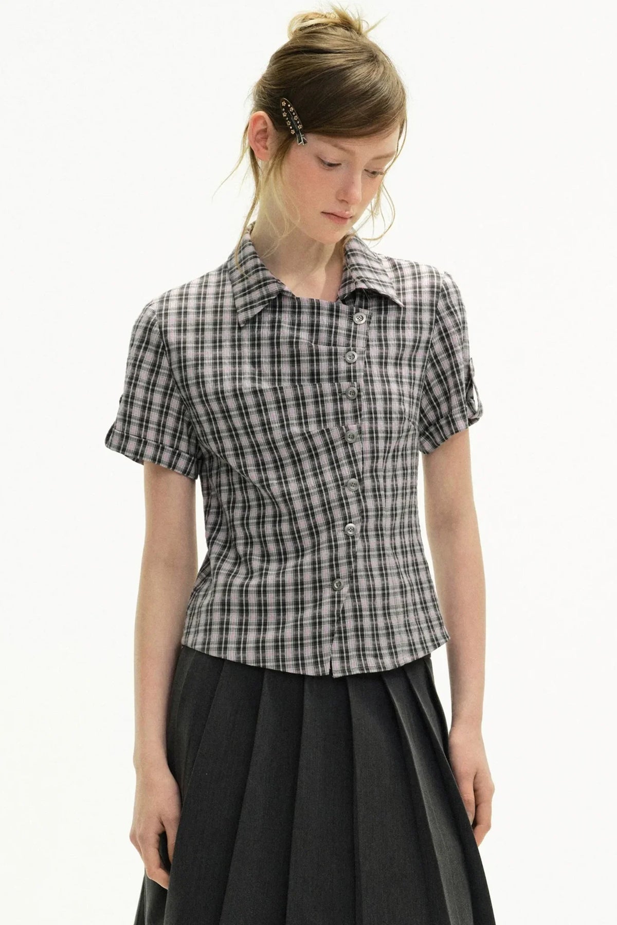 Diagonal Placket Plaid Blouse