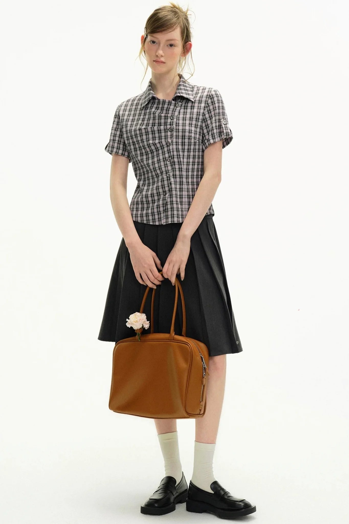 Diagonal Placket Plaid Blouse