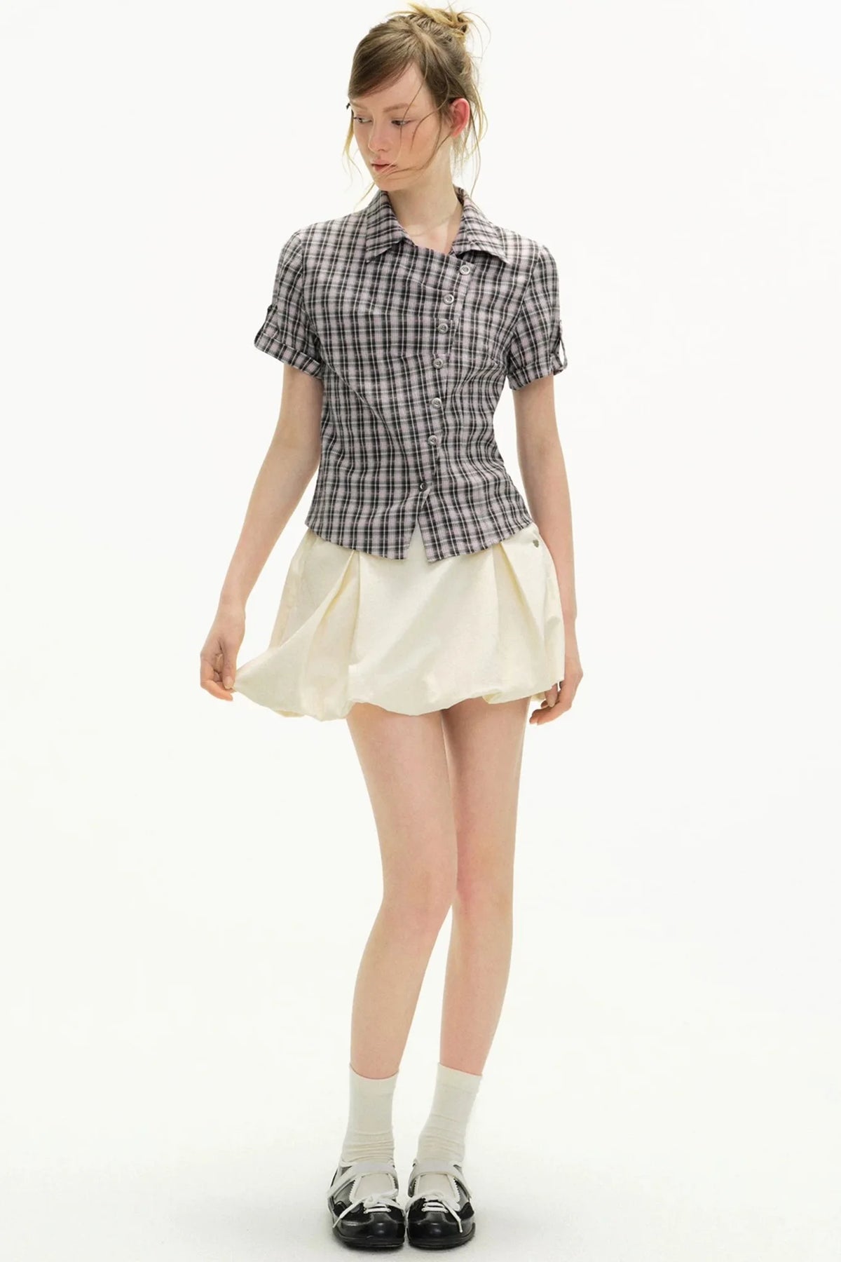 Diagonal Placket Plaid Blouse