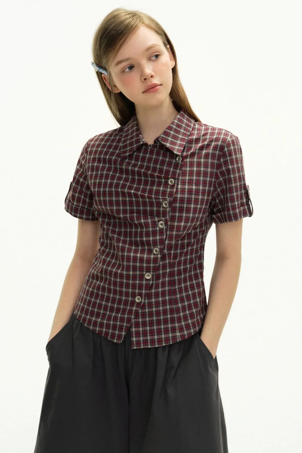 Diagonal Placket Plaid Blouse