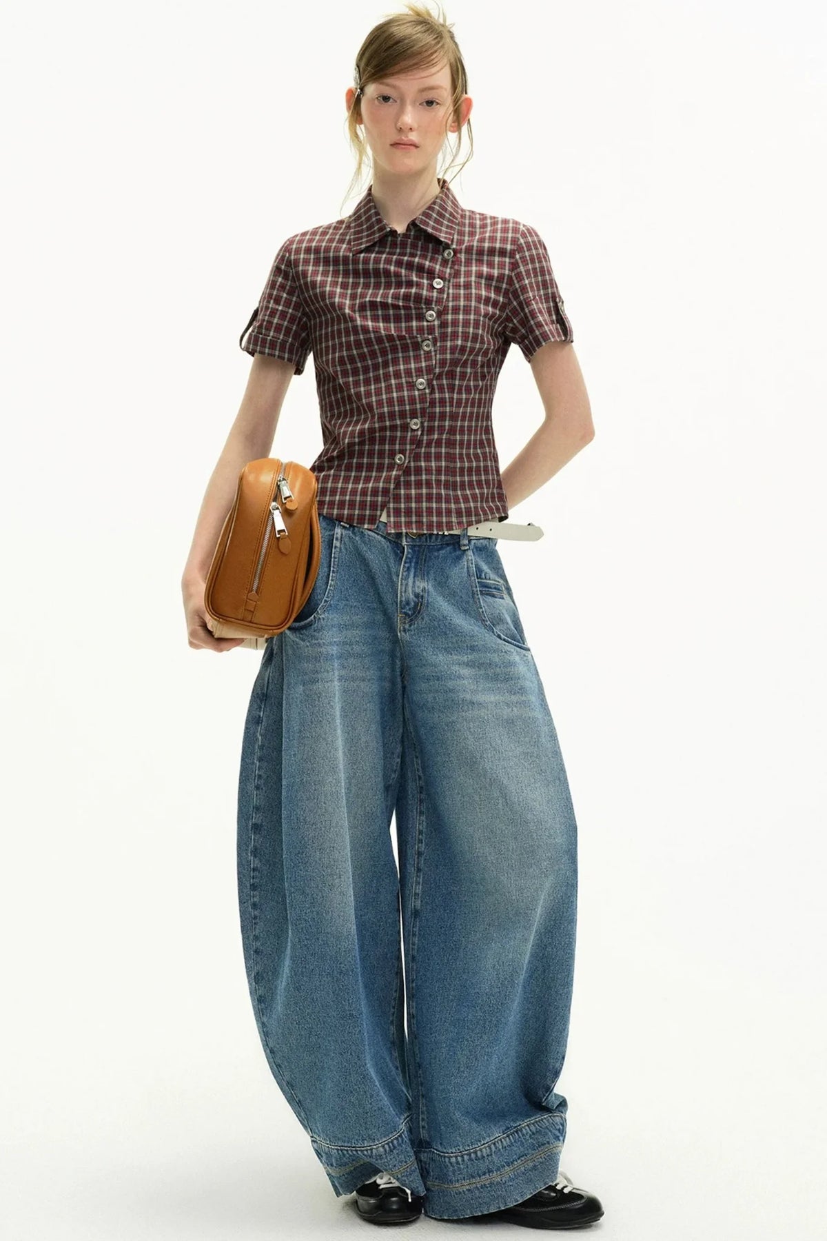 Diagonal Placket Plaid Blouse