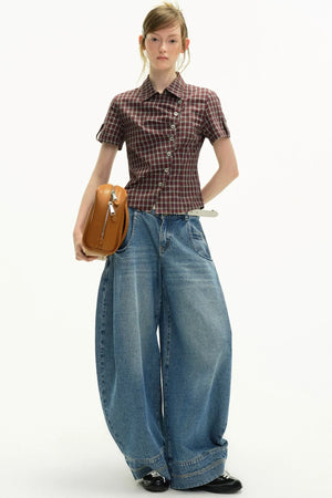 Diagonal Placket Plaid Blouse
