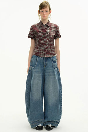 Diagonal Placket Plaid Blouse