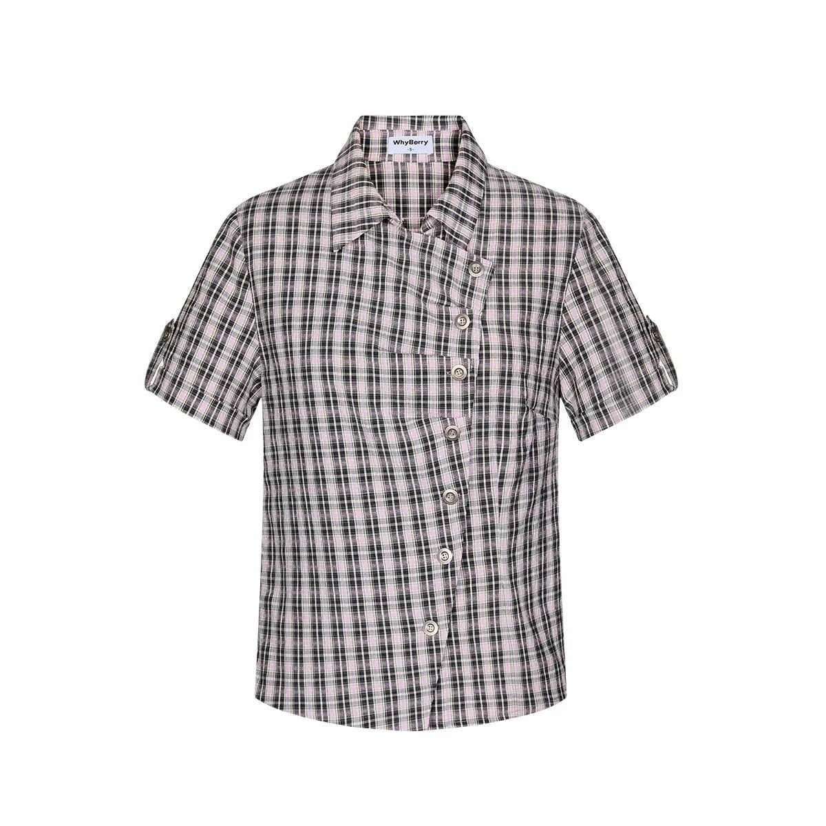 Diagonal Placket Plaid Blouse