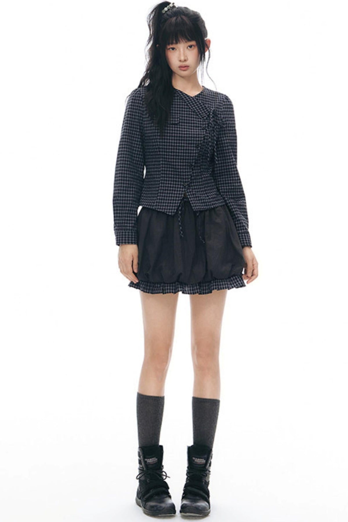 Diagonal Plaid Shirt and Floral Skirt Set-Up