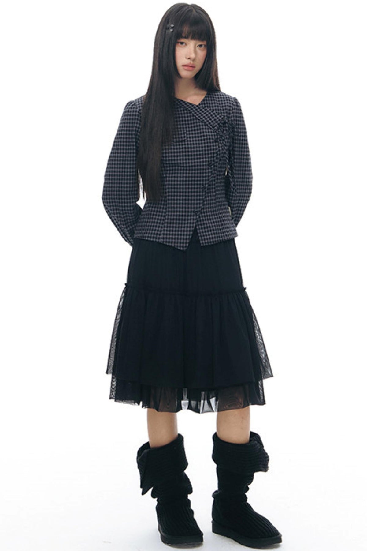 Diagonal Plaid Shirt and Floral Skirt Set-Up