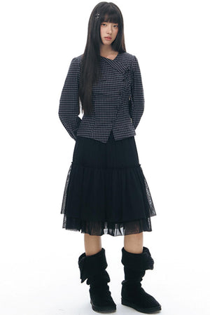 Diagonal Plaid Shirt and Floral Skirt Set-Up