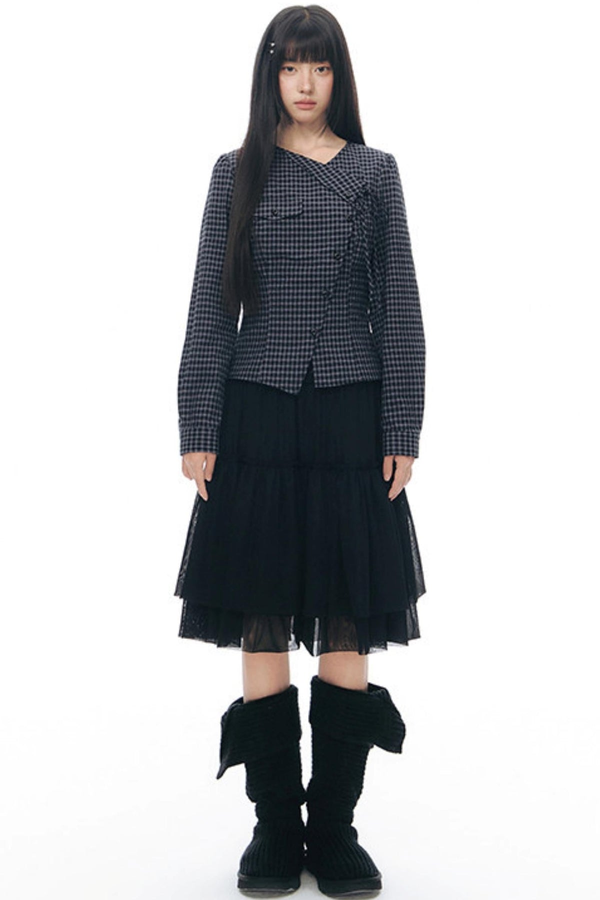 Diagonal Plaid Shirt and Floral Skirt Set-Up