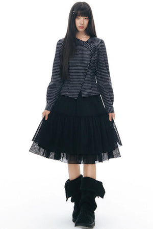 Diagonal Plaid Shirt and Floral Skirt Set-Up