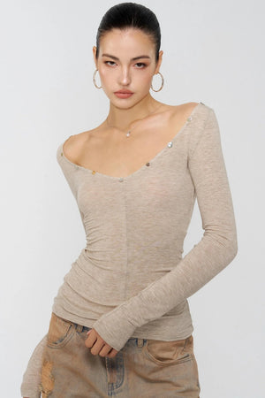 Diamond Khaki V-Neck One-Shoulder Top