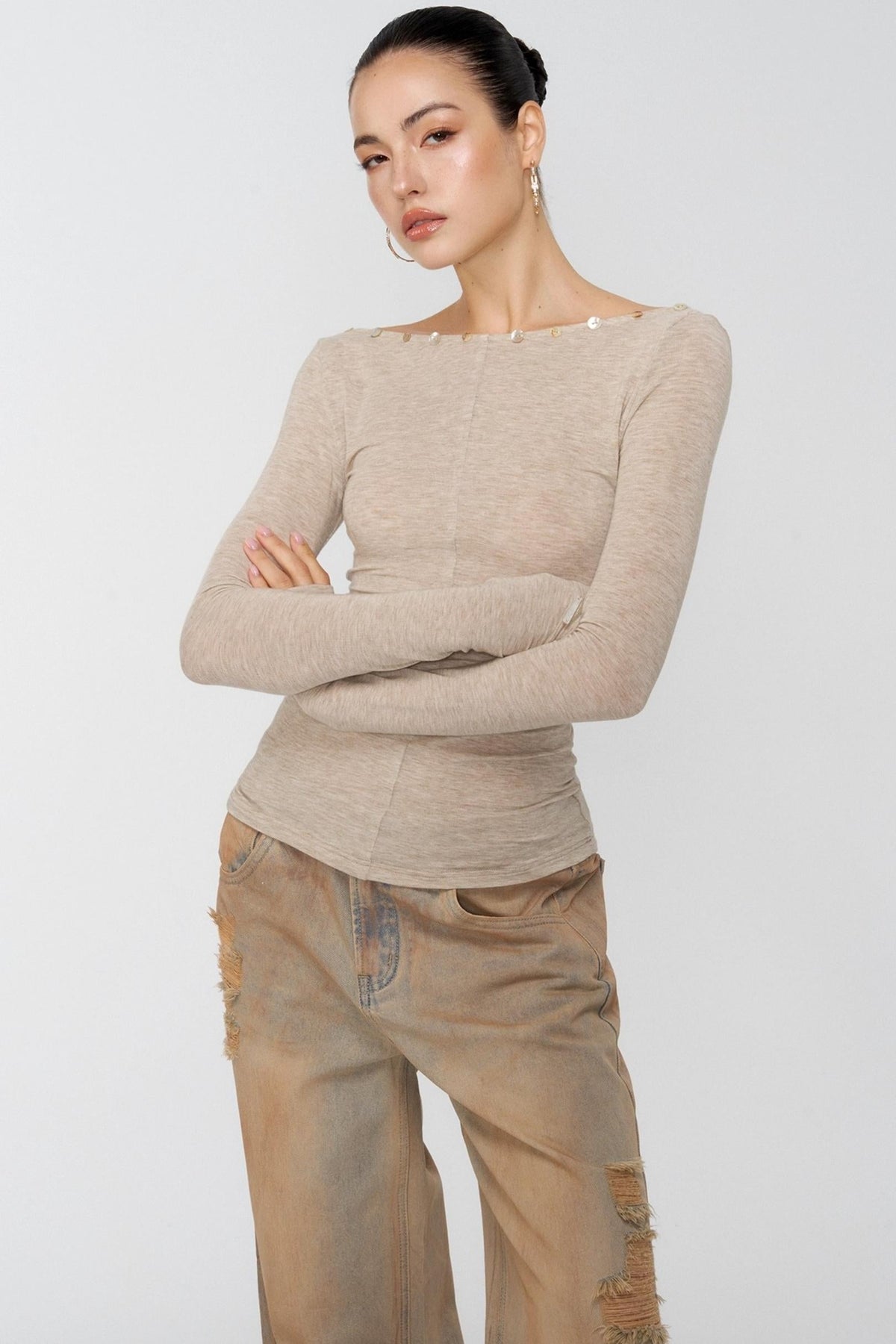 Diamond Khaki V-Neck One-Shoulder Top