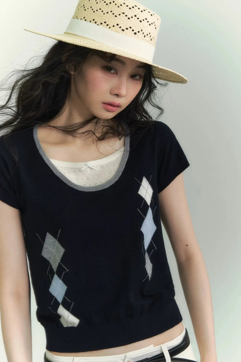 Diamond Pattern Fake Two-Piece Top