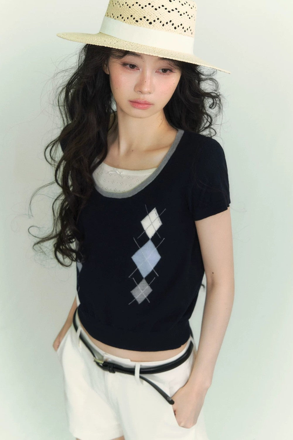 Diamond Pattern Fake Two-Piece Top