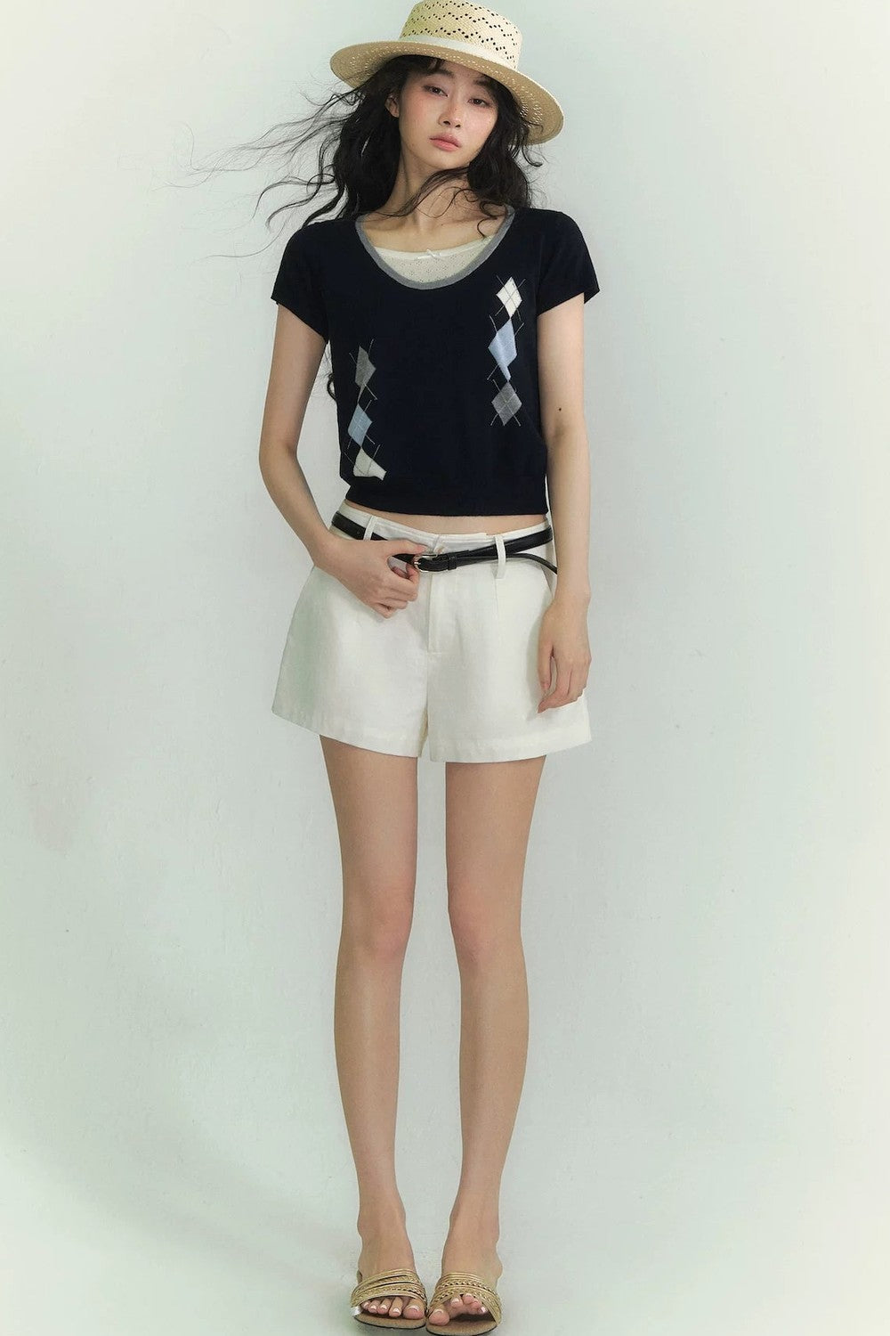 Diamond Pattern Fake Two-Piece Top