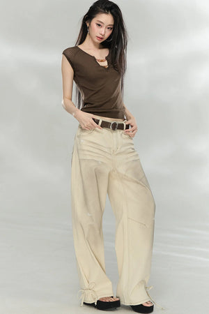 Distressed Bow-Tie Strap Jeans