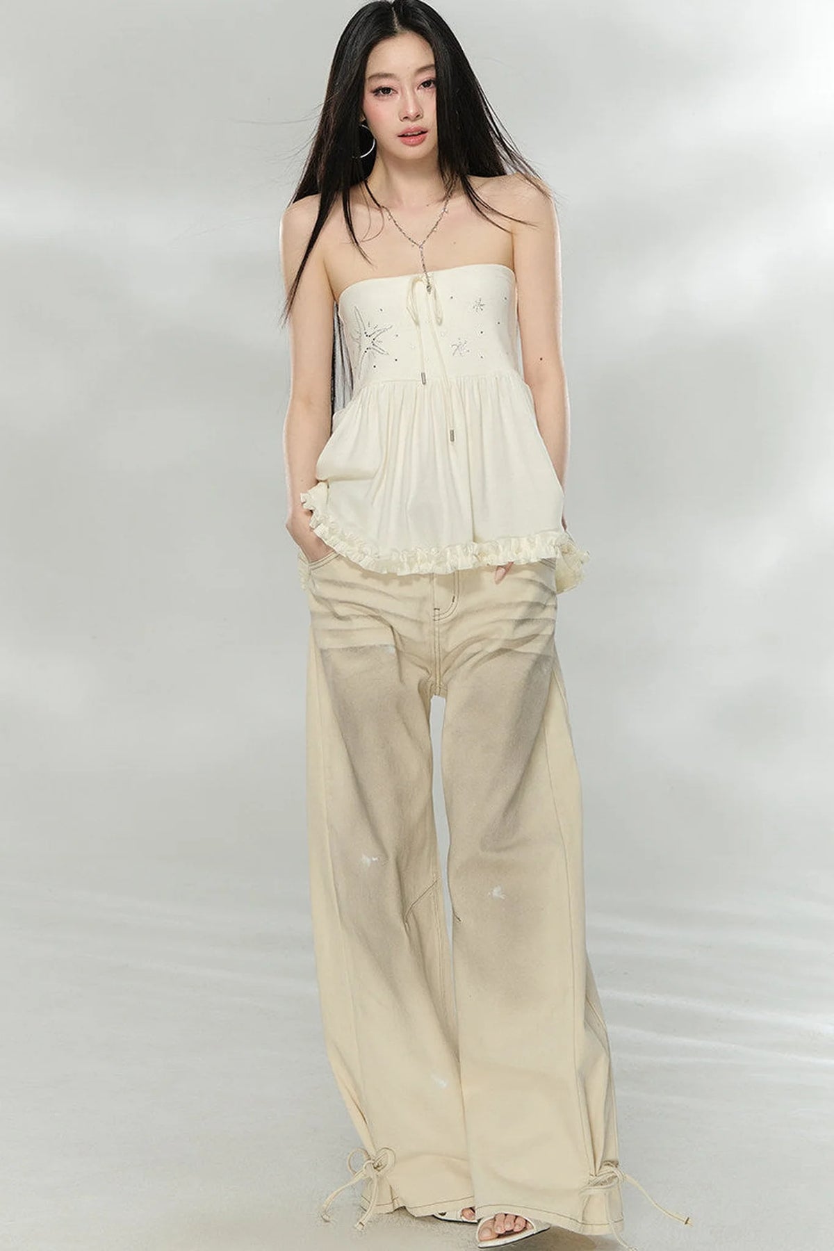 Distressed Bow-Tie Strap Jeans