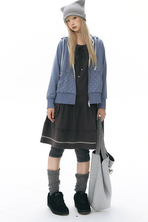 Distressed Floral Print Hooded Open Front Jacket