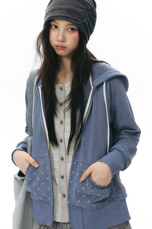 Distressed Floral Print Hooded Open Front Jacket