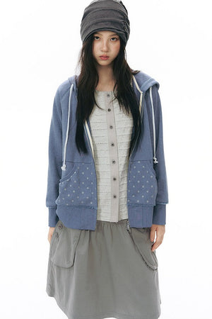 Distressed Floral Print Hooded Open Front Jacket