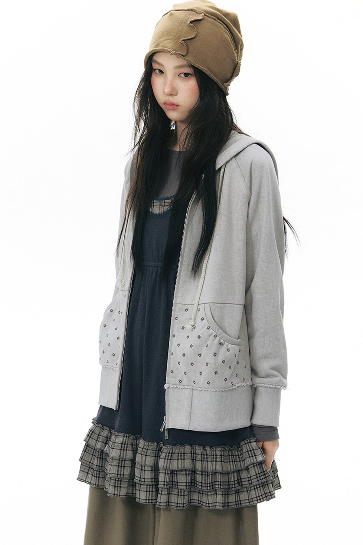 Distressed Floral Print Hooded Open Front Jacket