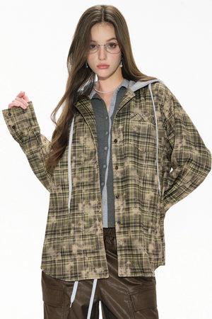 Distressed Green Plaid Shirt Jacket