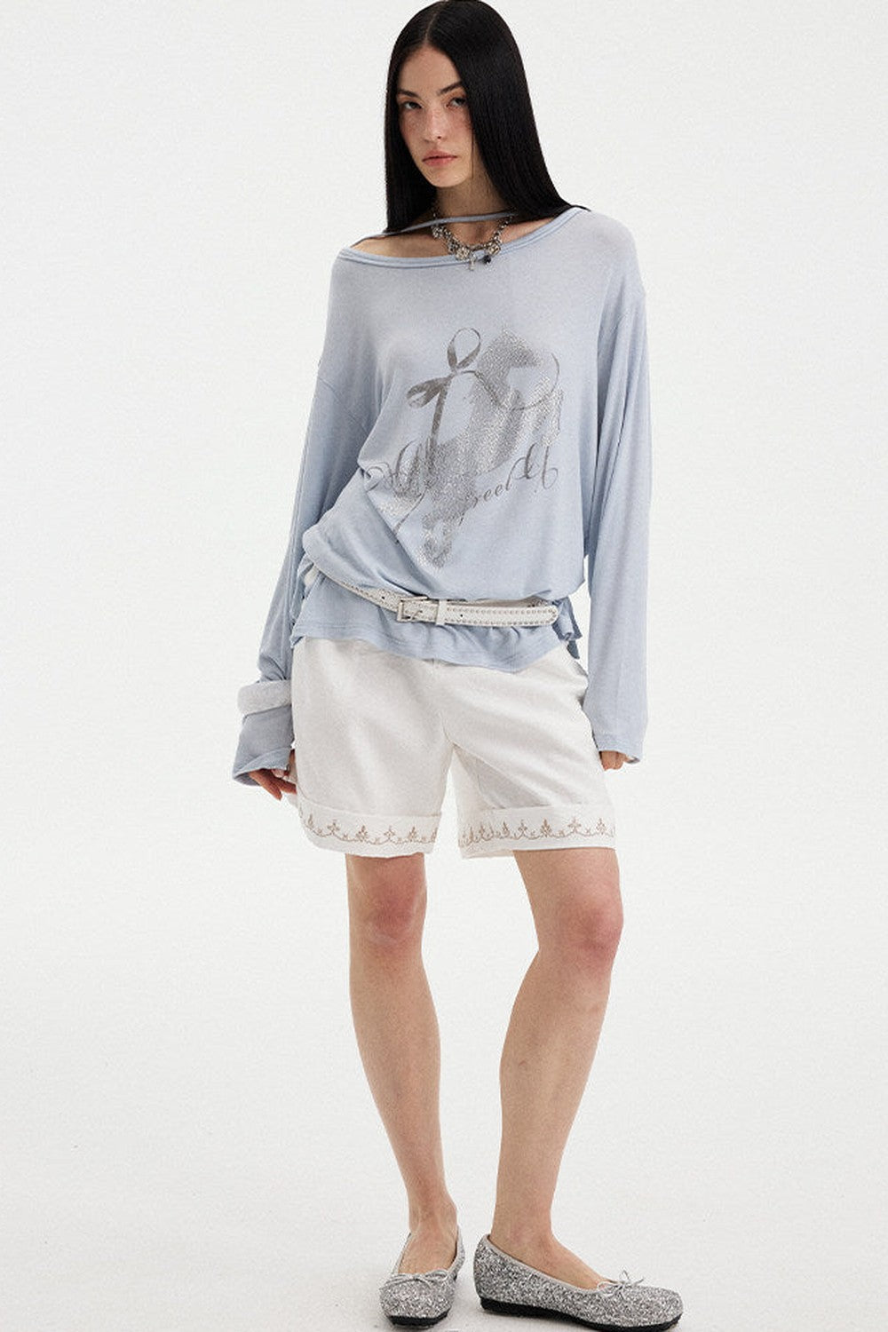 Distressed Rhinestone Off-Shoulder Top