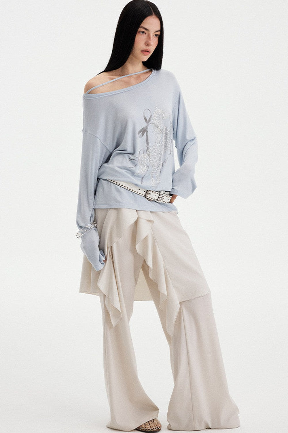 Distressed Rhinestone Off-Shoulder Top