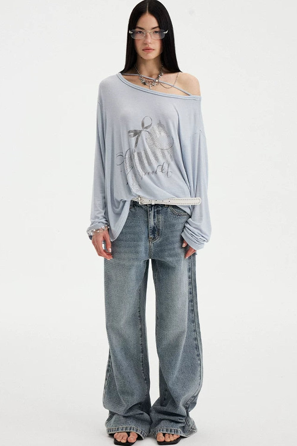 Distressed Rhinestone Off-Shoulder Top