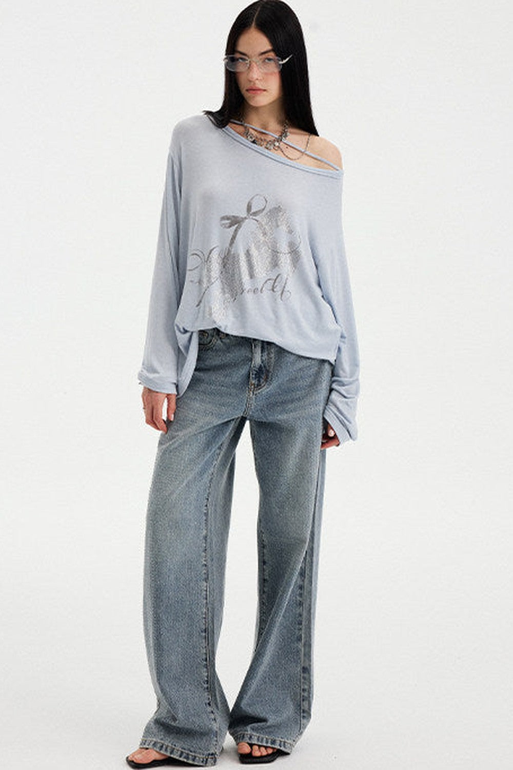 Distressed Rhinestone Off-Shoulder Top