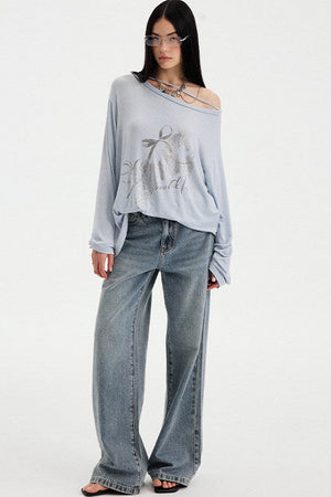 Distressed Rhinestone Off-Shoulder Top