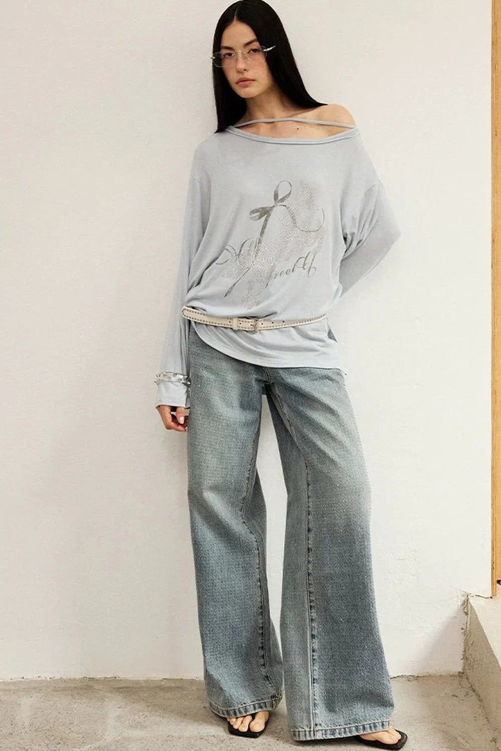 Distressed Rhinestone Off-Shoulder Top