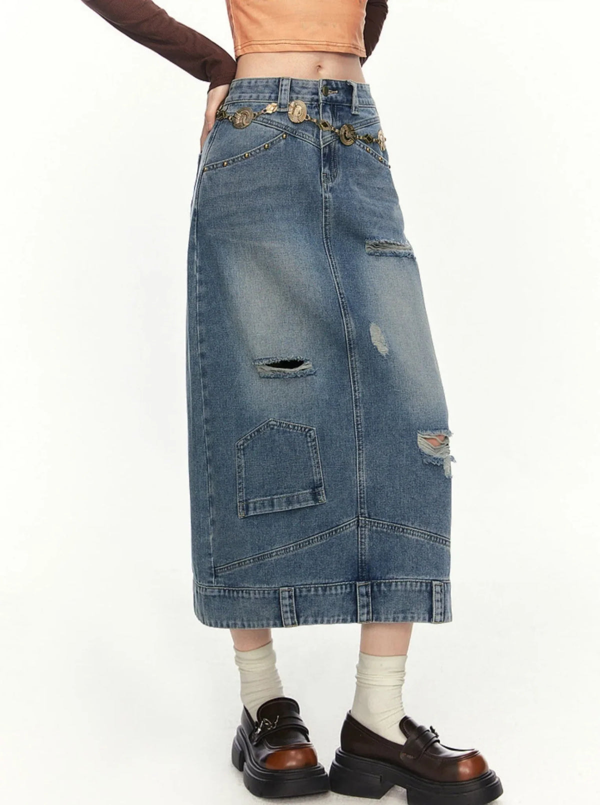 Distressed ripped denim skirt