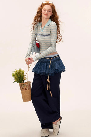 Distressed Striped Long Sleeve Polo Collar T-Shirt