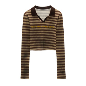 Distressed Striped Long Sleeve Polo Collar T-Shirt