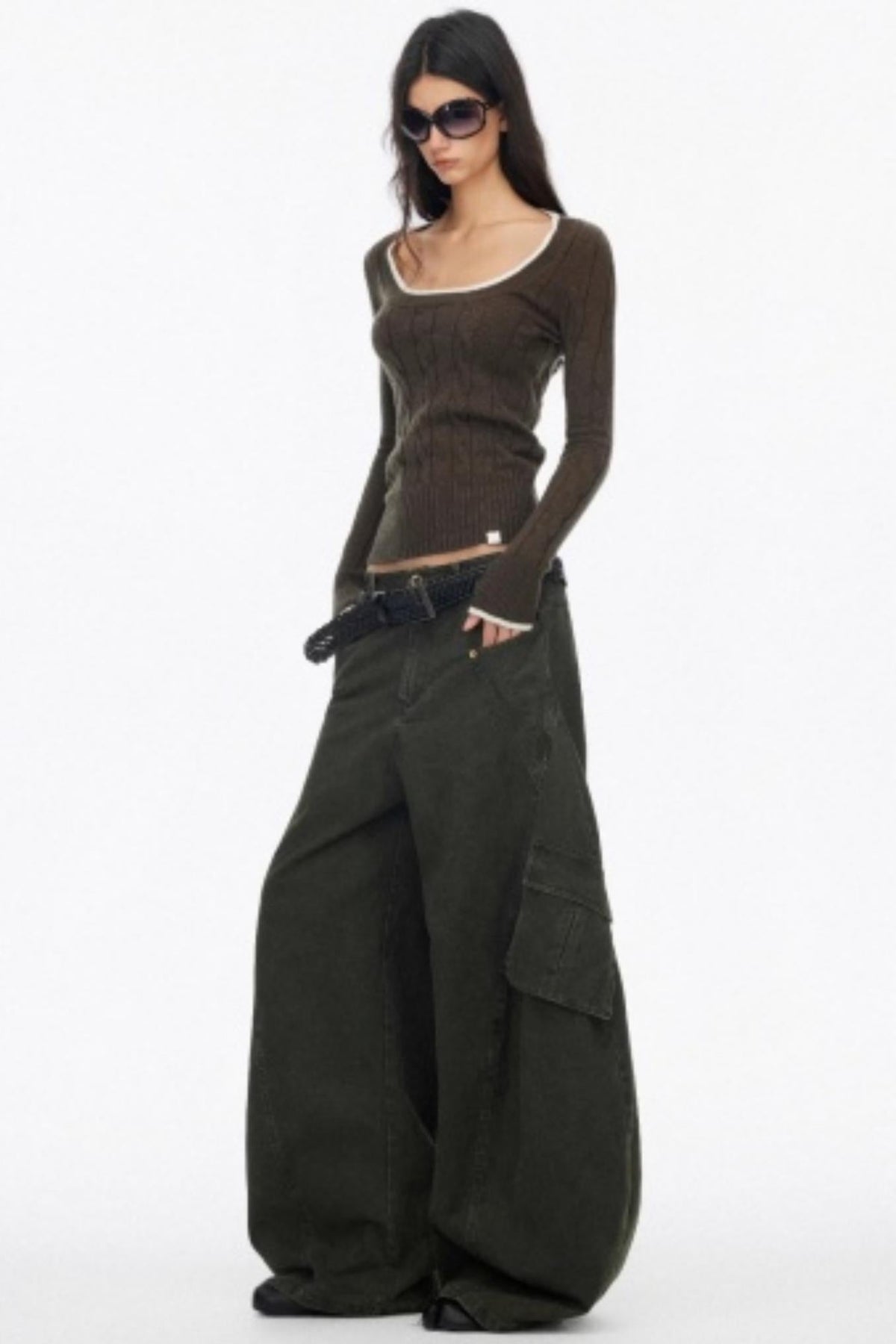 Distressed Washed Wide-Leg Scimitar Pants