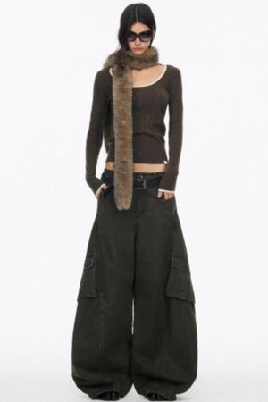 Distressed Washed Wide-Leg Scimitar Pants