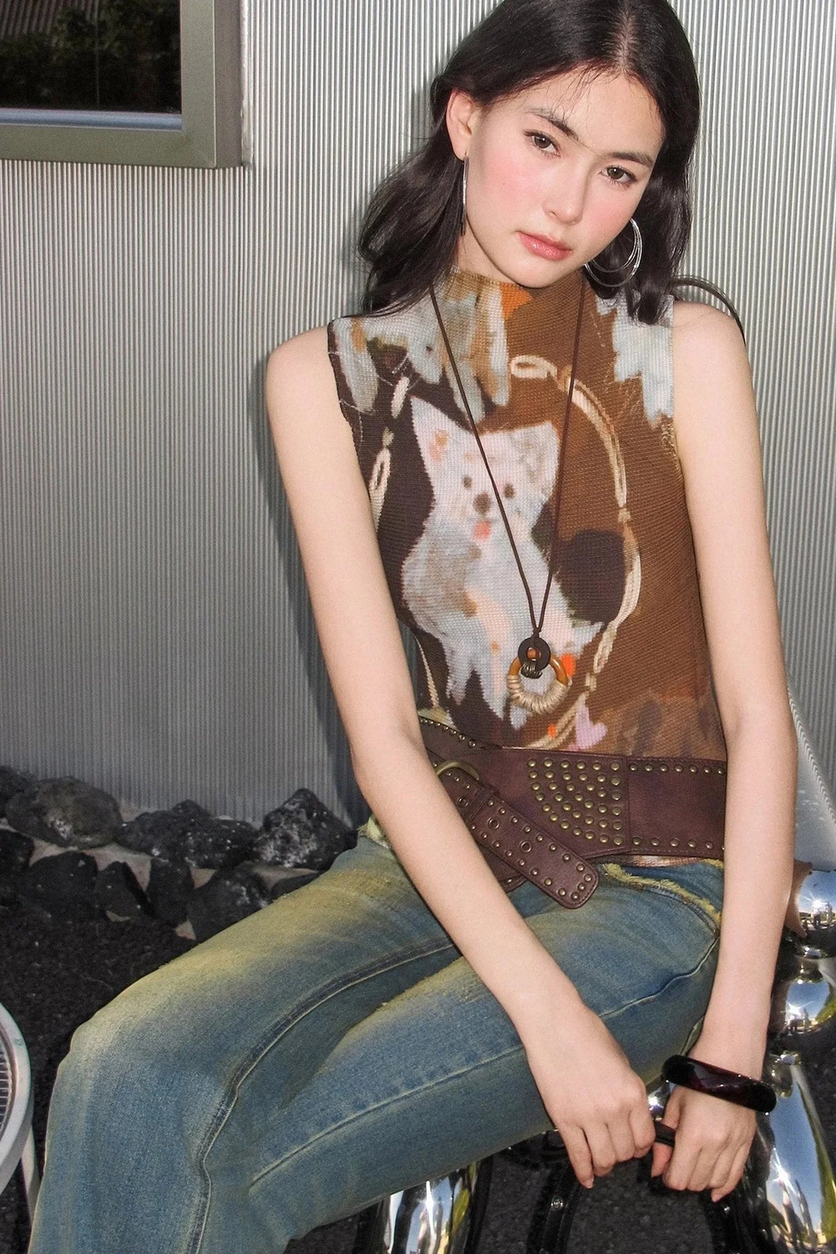 Dog Cat Print Sleeveless Knit Top