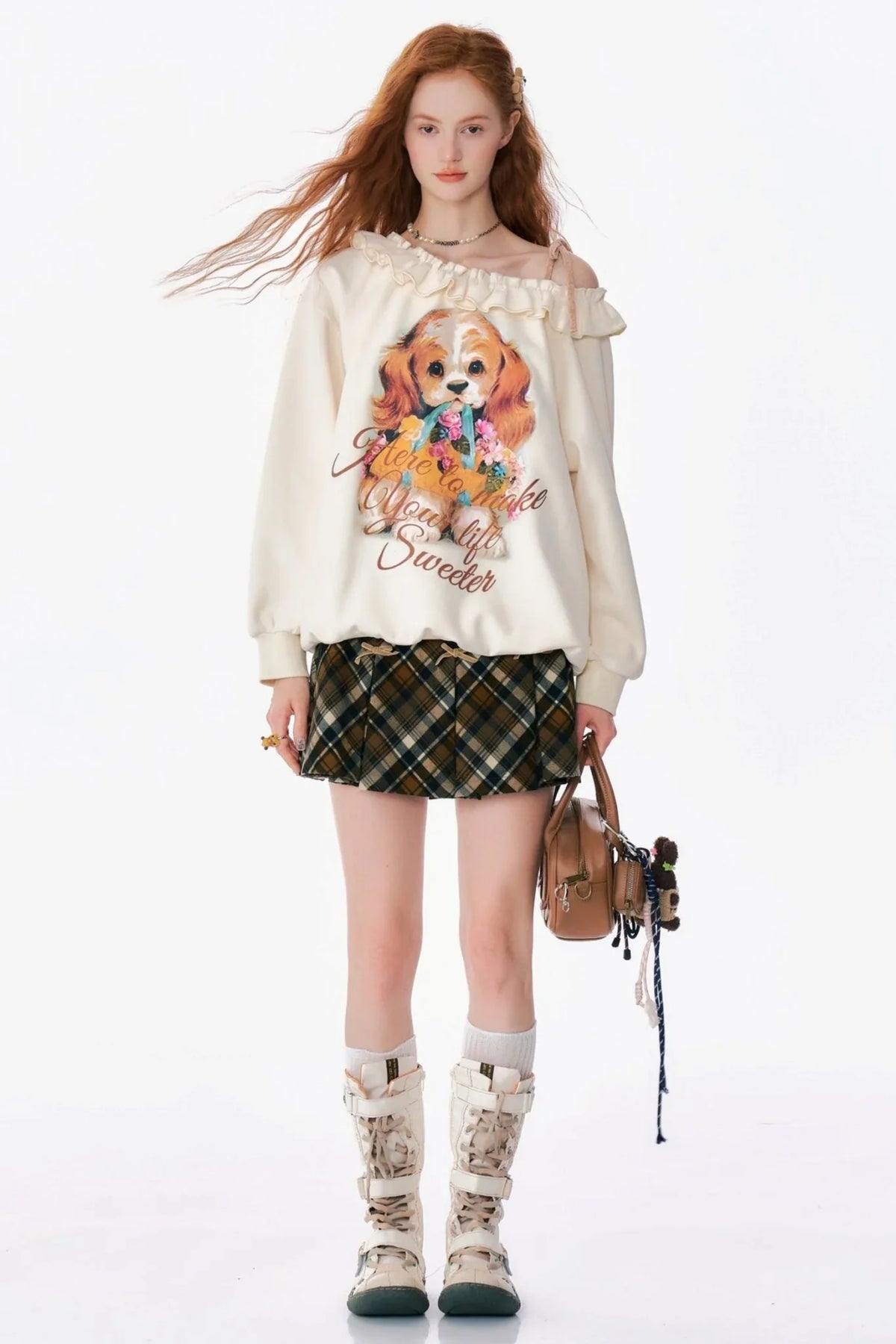 Dog Print Retro Off-Shoulder Sweatshirt