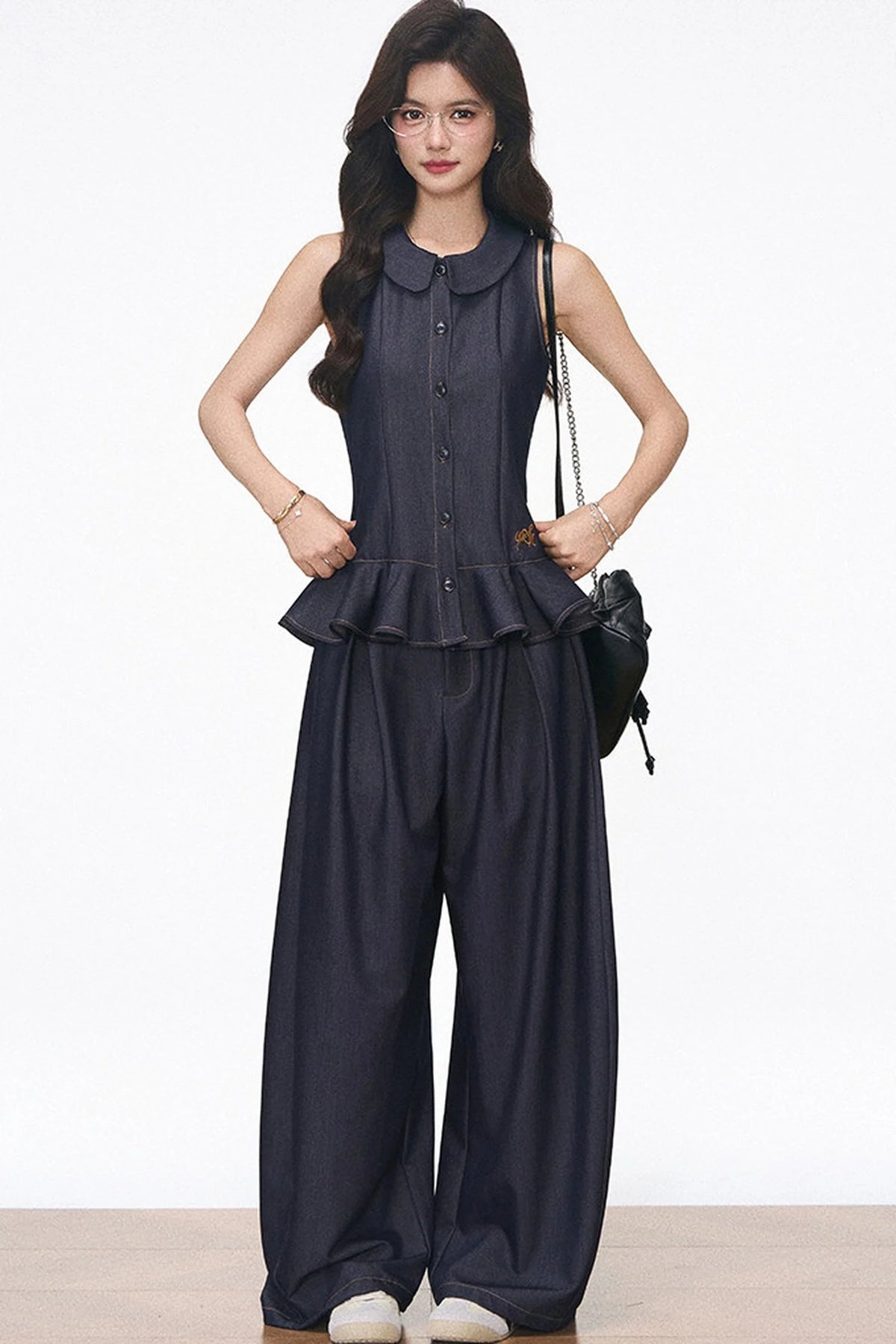 Doll Collar Faux Denim Set-Up