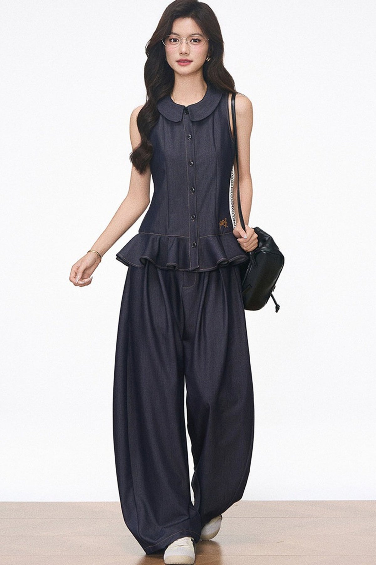 Doll Collar Faux Denim Set-Up