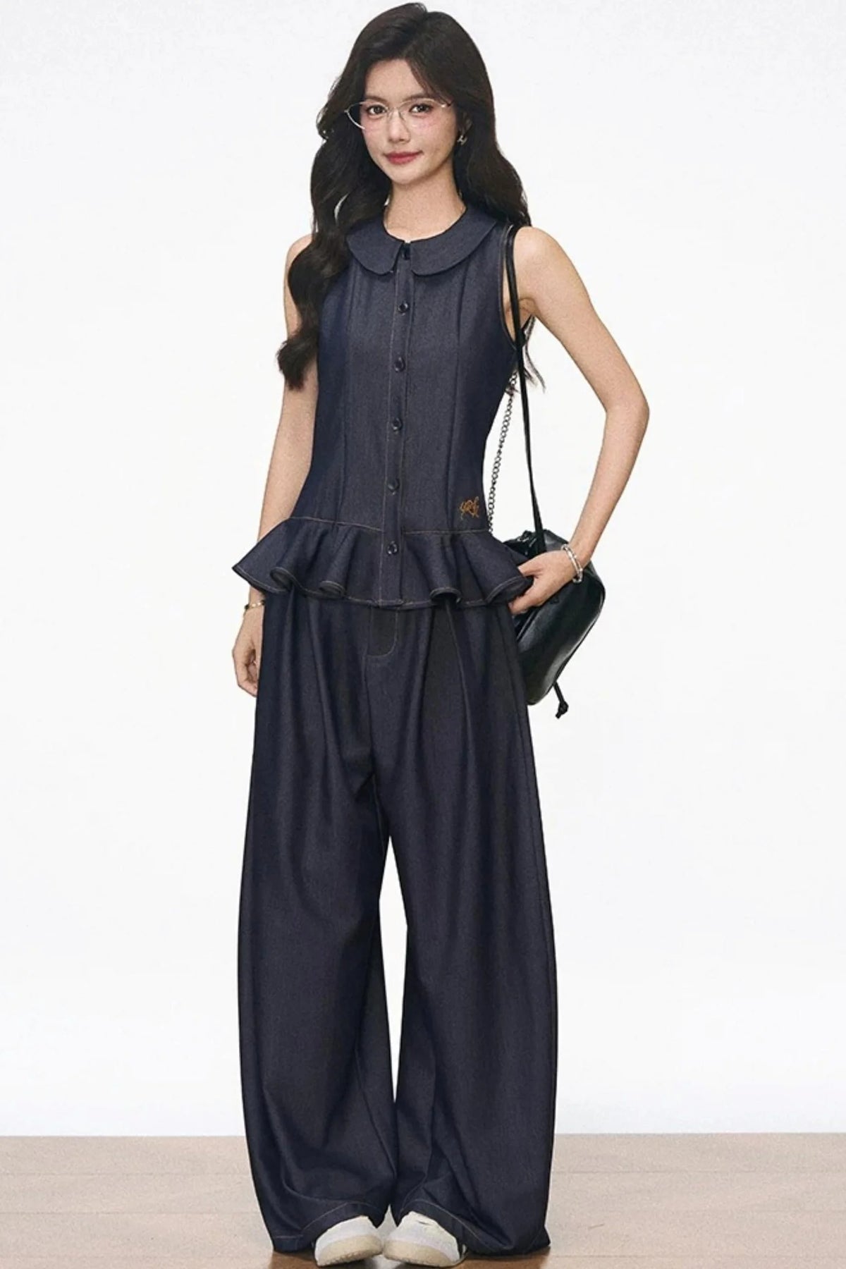 Doll Collar Faux Denim Set-Up