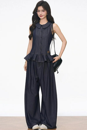Doll Collar Faux Denim Set-Up
