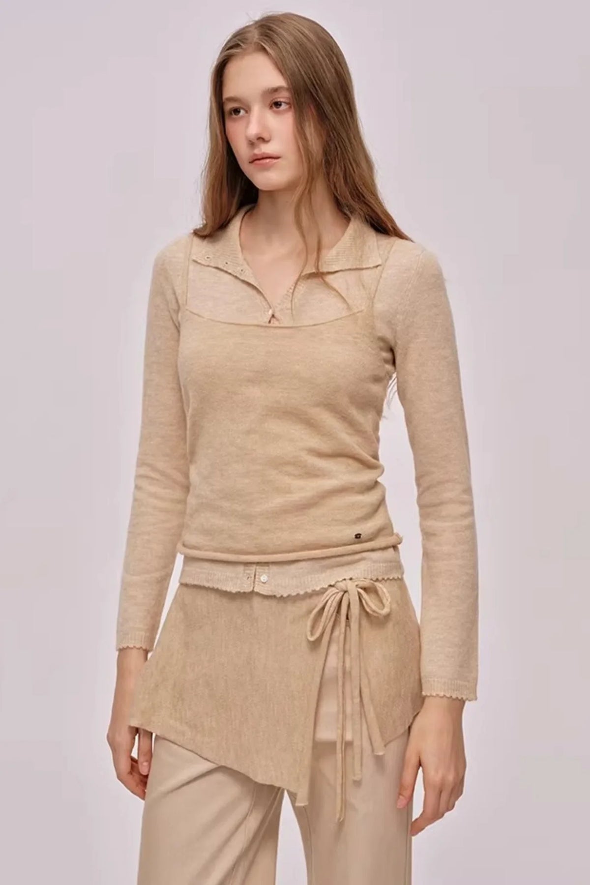 Doll Collar Knitted Cardigan Set-Up