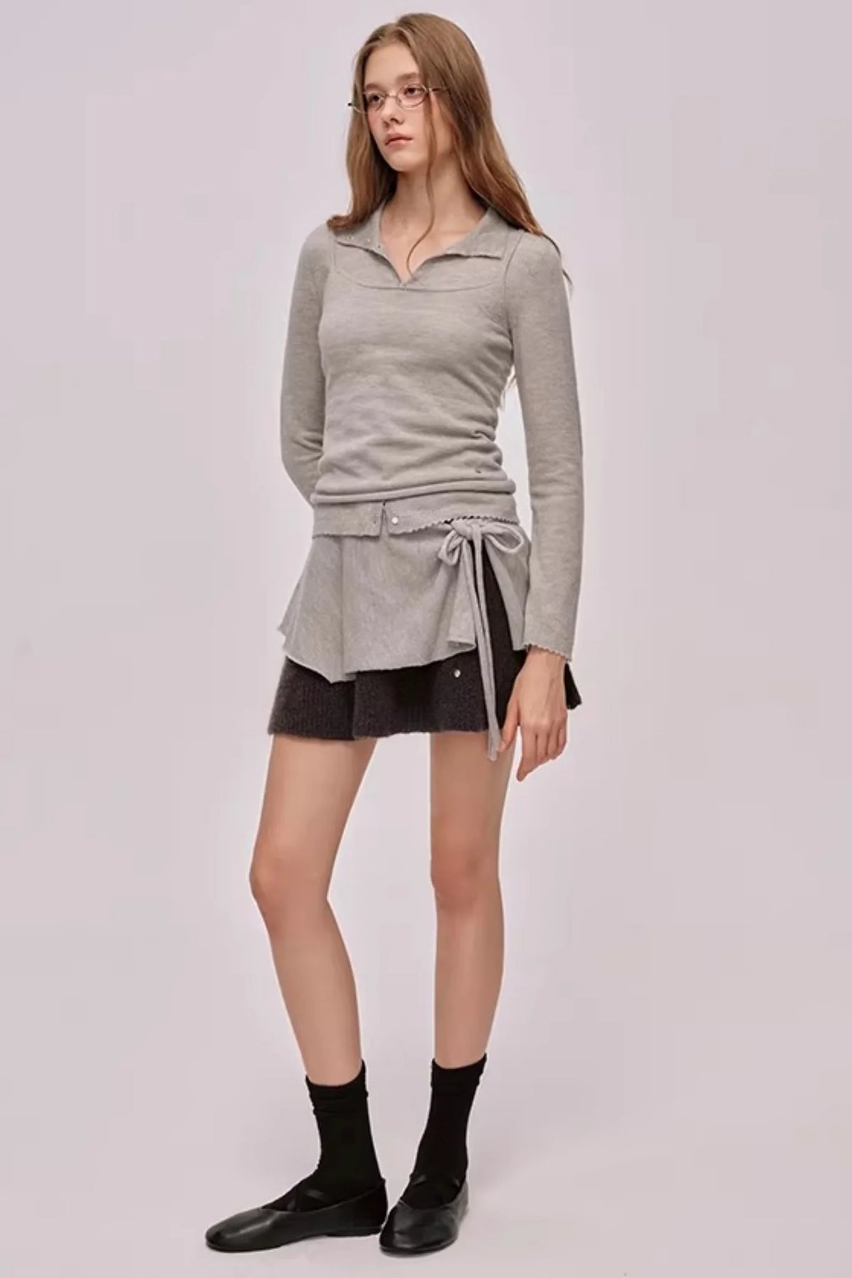 Doll Collar Knitted Cardigan Set-Up