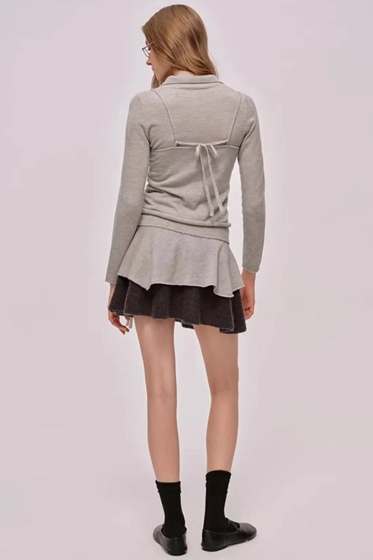 Doll Collar Knitted Cardigan Set-Up