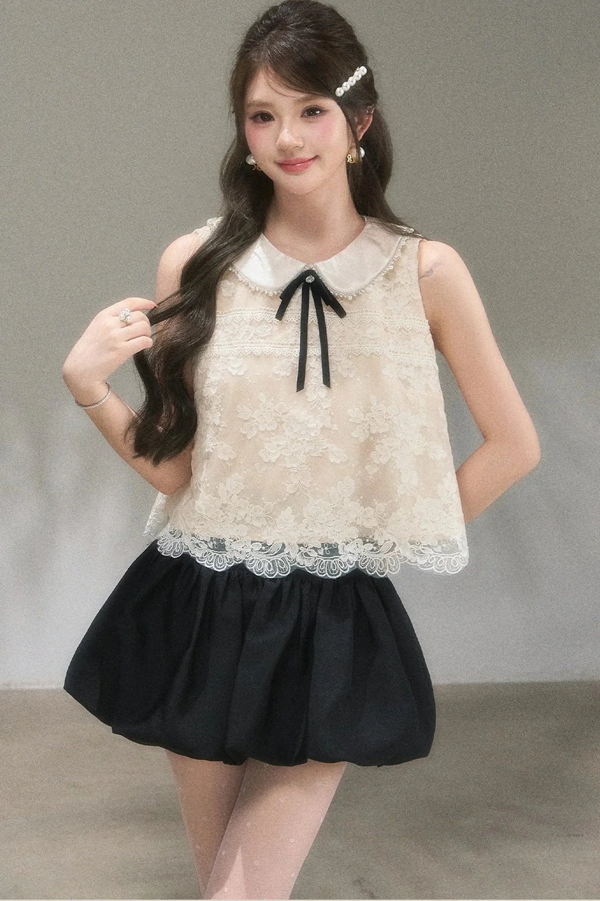 Doll Collar Lace Top and Floral Skirt Set-Up