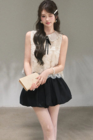Doll Collar Lace Top and Floral Skirt Set-Up